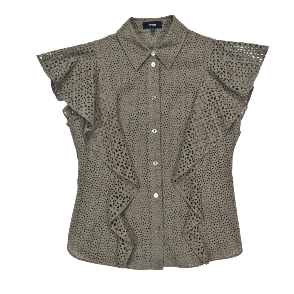 Theory Top Womens XS Nova Collared Eyelet Ruffle Button Front Top‎ Ecru Green
